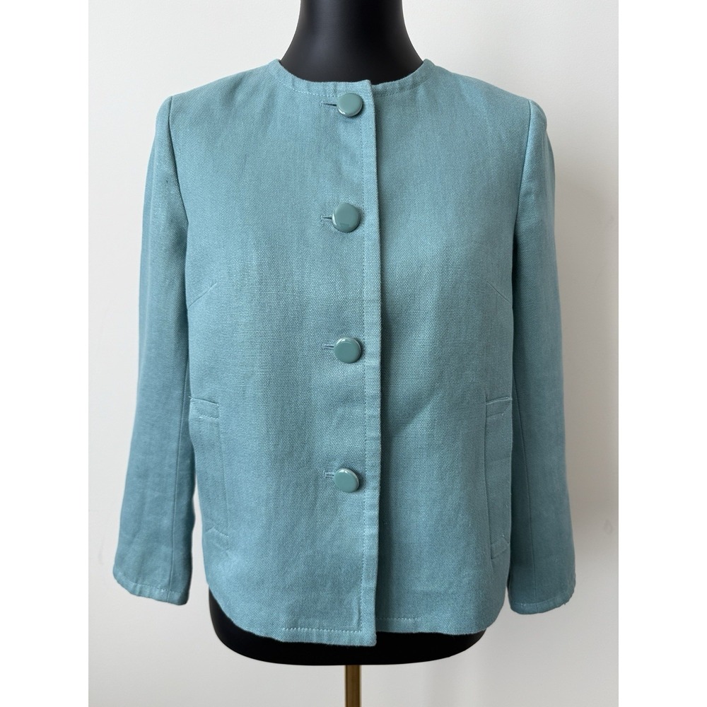 Talbots Women's 6P Blazer 100% Linen Robin's Egg Blue Enamel Buttons Petite EUC